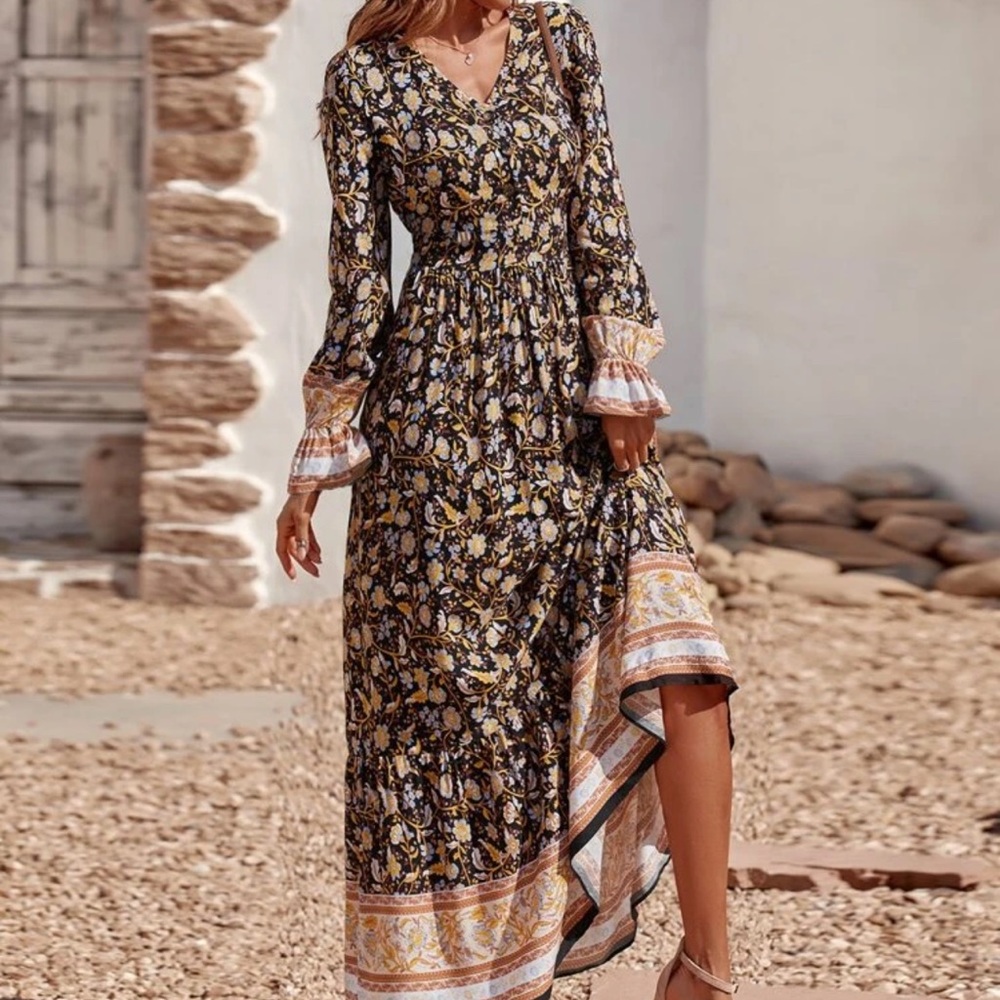 COPY - Brown cream floral print long bishop sleeve boho gypsy maxi dress